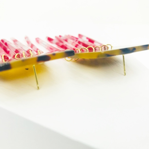 Square Tortoise Earrings with Red Fringe - Picture 5 of 8